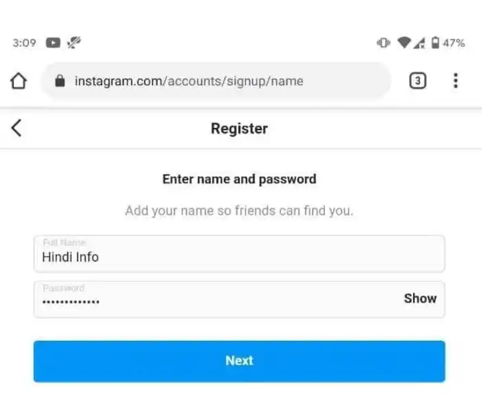 enter your name and password for your instagram account