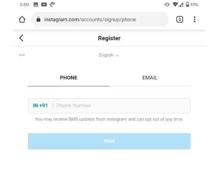 select phone aur email to create account on instagram